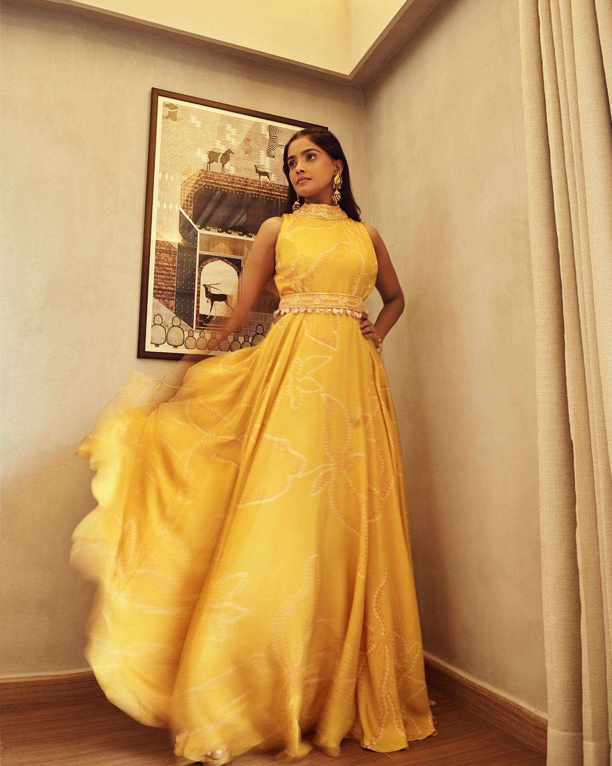 Yellow Bandhani Long Gown Set