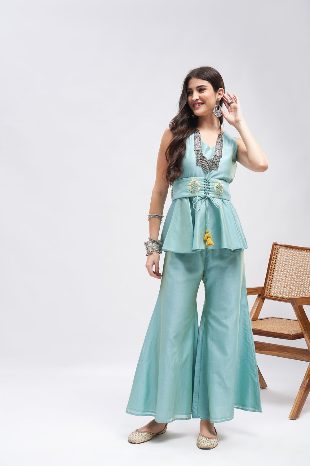 Kashish Solid Top Pant Set With Embroidered Belt
