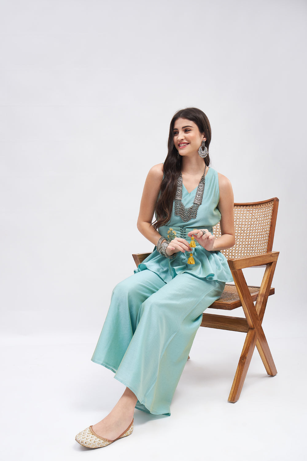 Kashish Solid Top Pant Set With Embroidered Belt