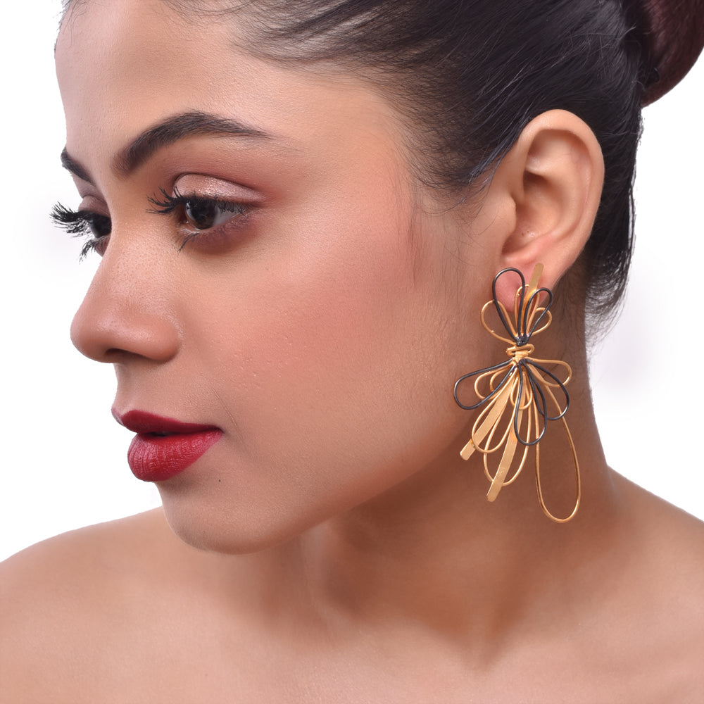 Gold Plated Interlaced Two Tone Drop Down Earrings