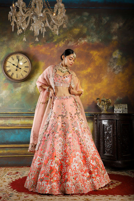 Ombre pink Raw Silk Hand Embroidered Lehenga Set