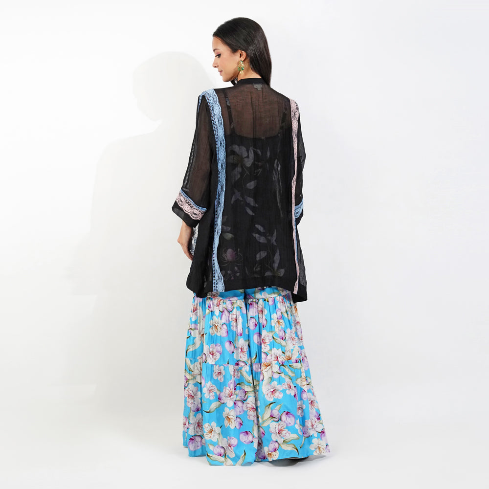 Shabby Chic Floral Gharara Set- Black