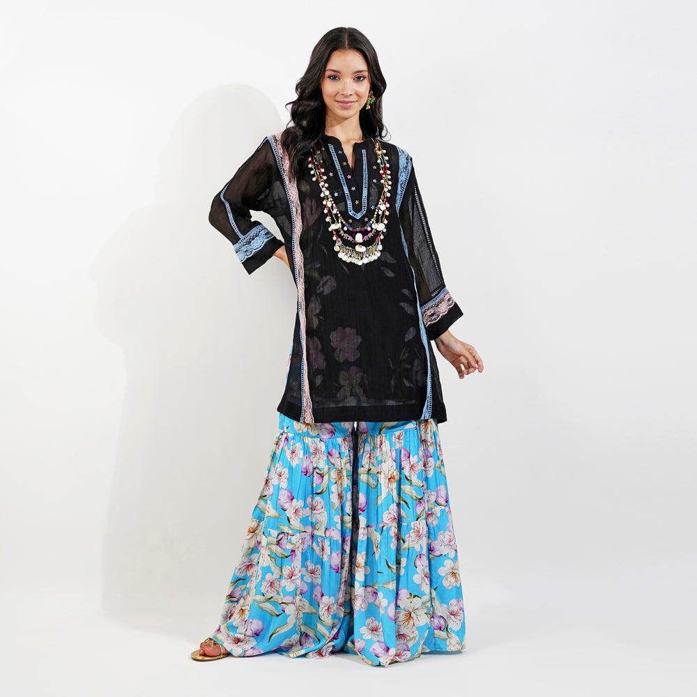 Shabby Chic Floral Gharara Set- Black