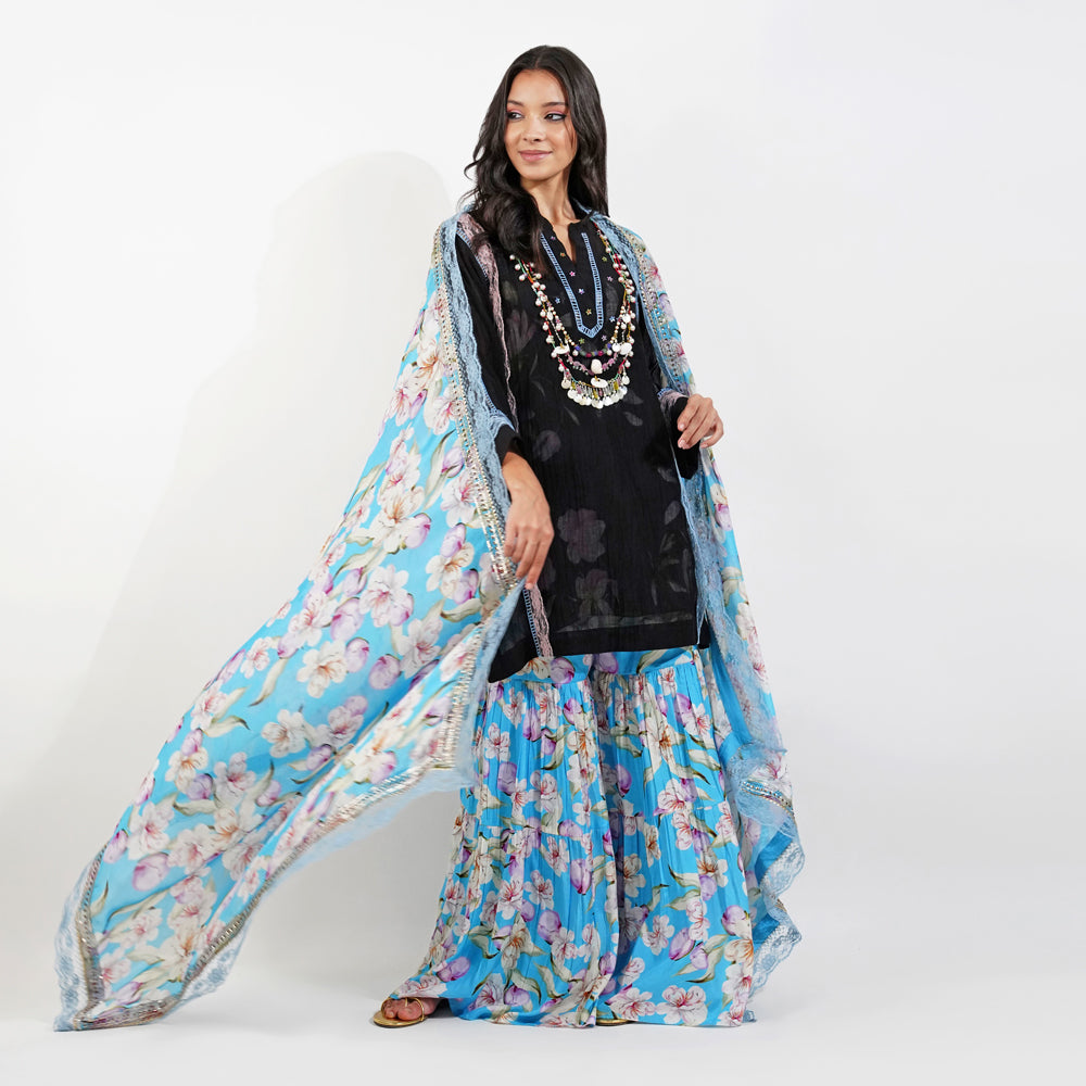 Shabby Chic Floral Gharara Set- Black