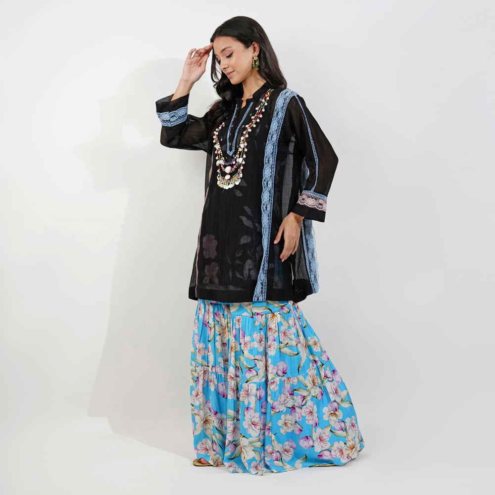 Shabby Chic Floral Gharara Set- Black