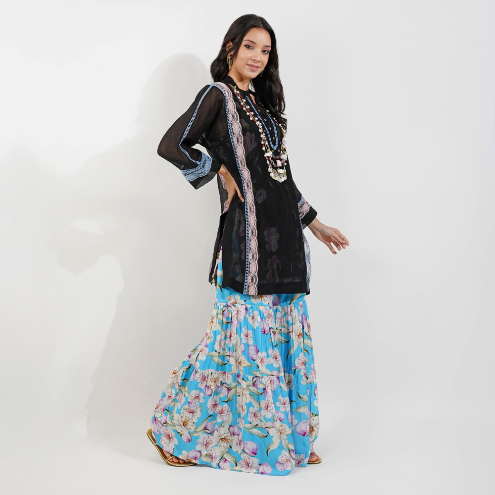 Shabby Chic Floral Gharara Set- Black