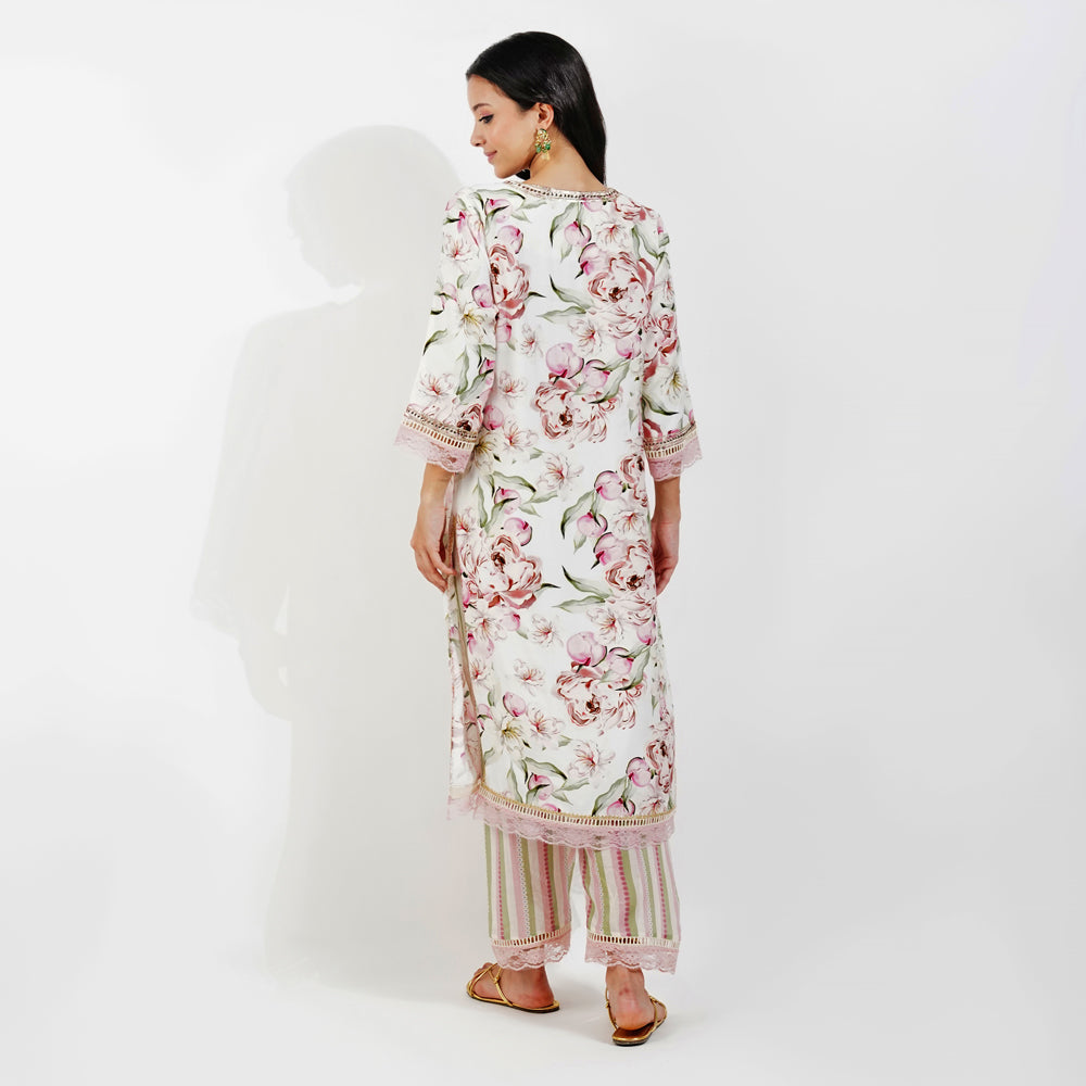 Vintage Floral Kurta Set-Ivory