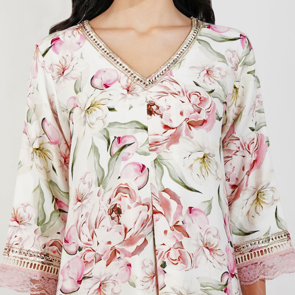 Vintage Floral Kurta Set-Ivory