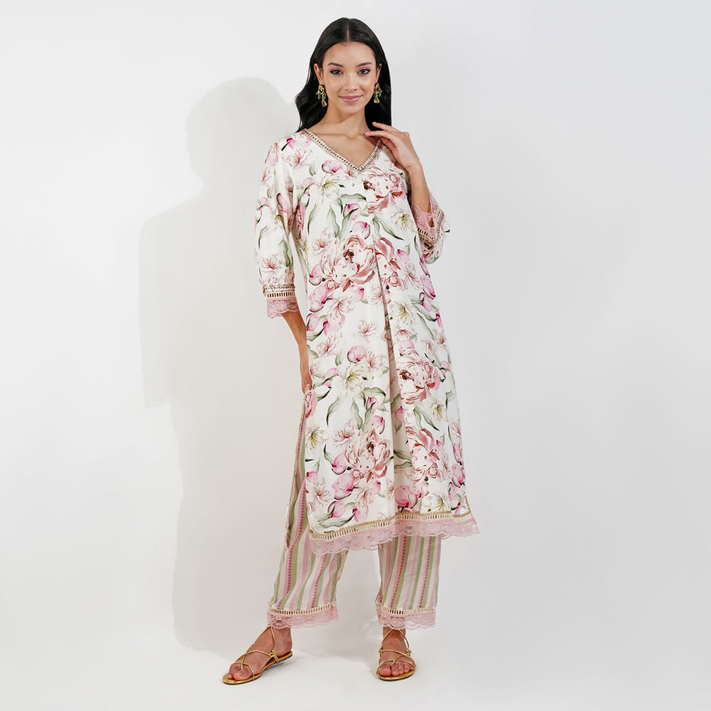 Vintage Floral Kurta Set-Ivory