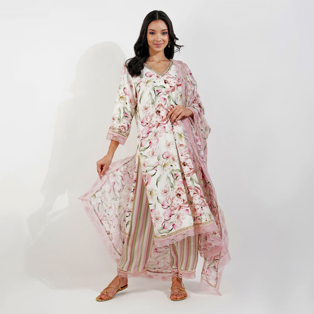 Vintage Floral Kurta Set-Ivory