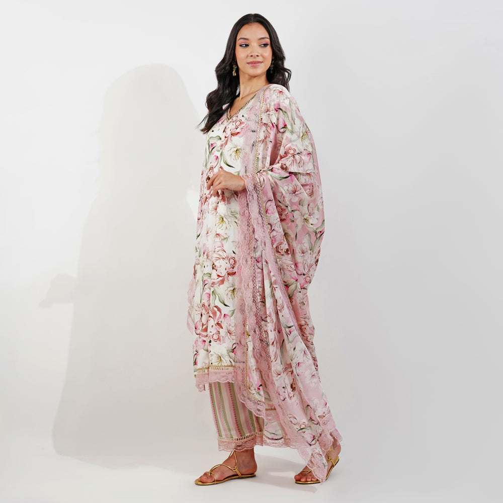 Vintage Floral Kurta Set-Ivory