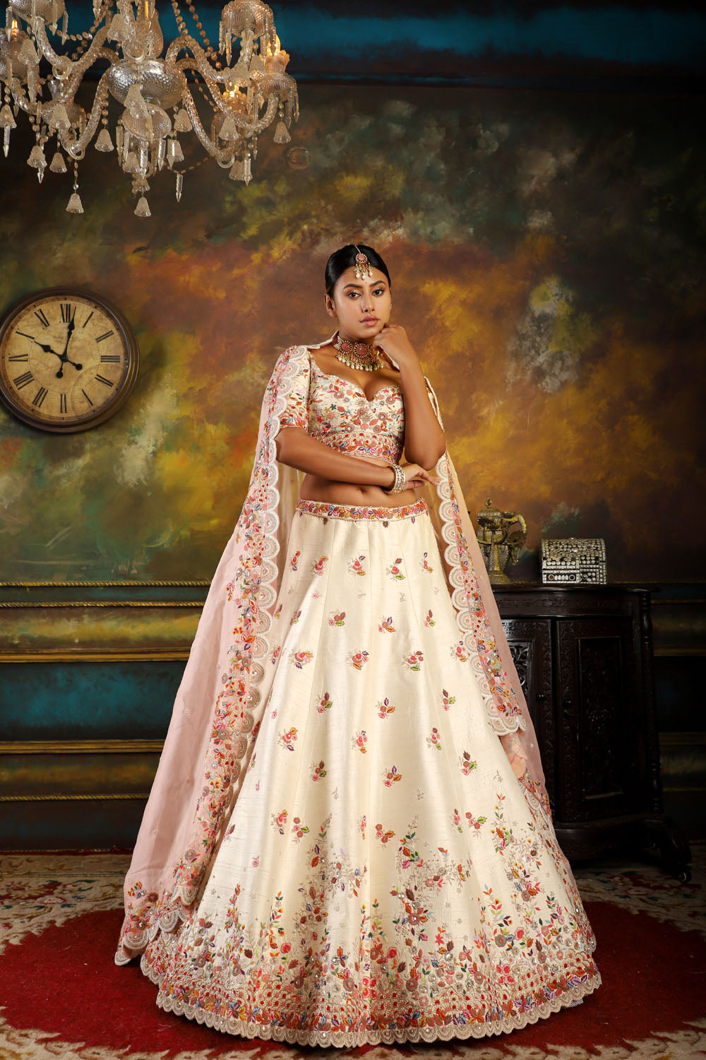 Ivory Raw Silk Embroidered Lehenga Set