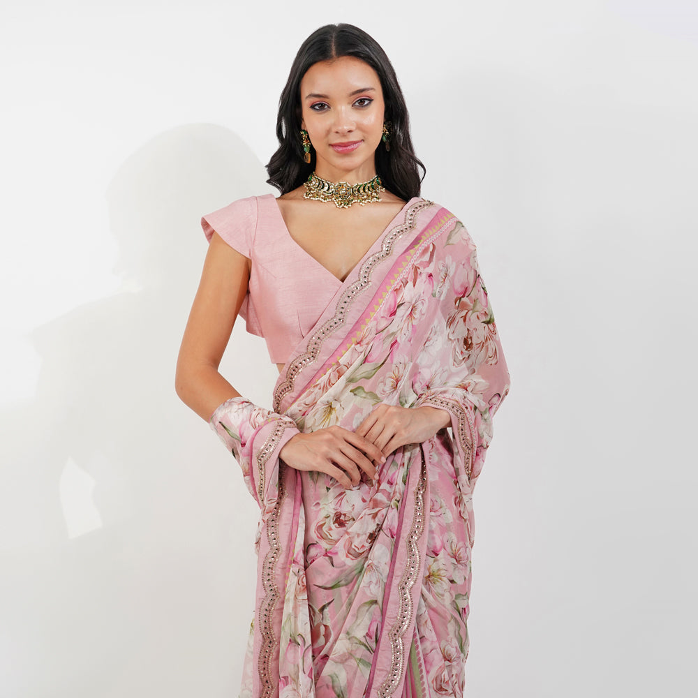 Vintage Floral Chiffon Saree