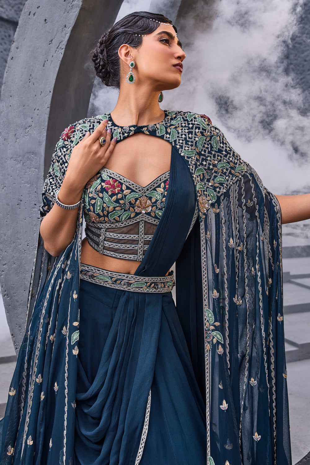 Embroidered Cape with Corset and Lehenga