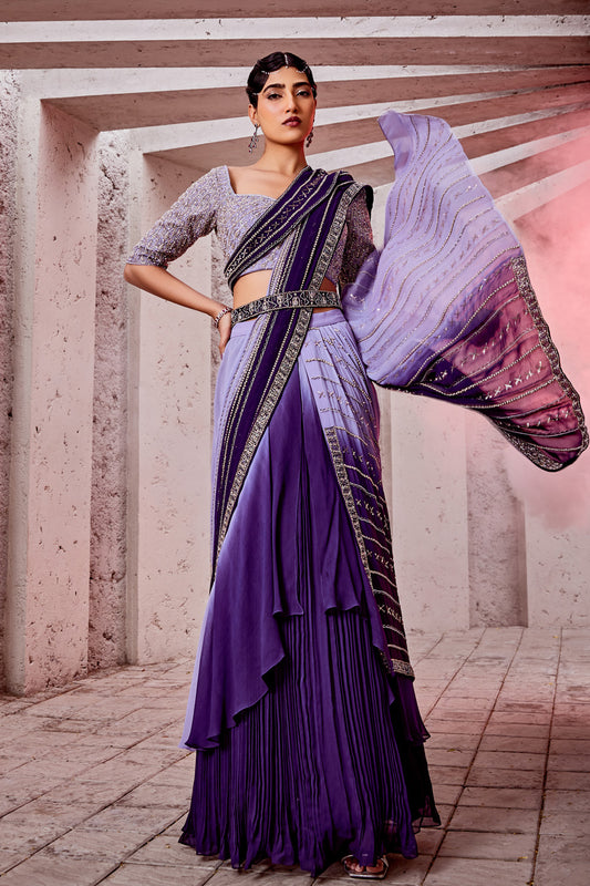 Ombre Draped Saree with Embroidered Blouse