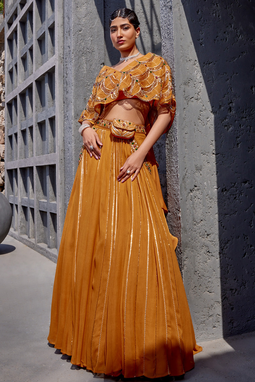 Embroidered Crop Top Lehenga with Belt