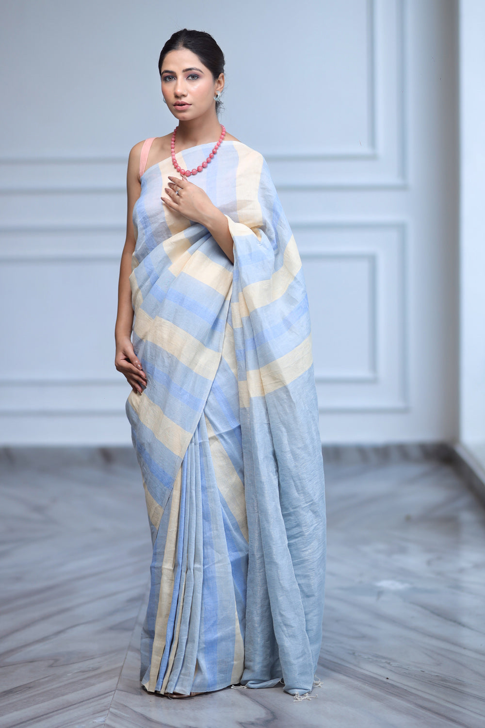 Blue Grey Handwoven Linen Saree With Sequence Work & Tassels - S031704034 |  Saree, Jamdani saree, Saree dress