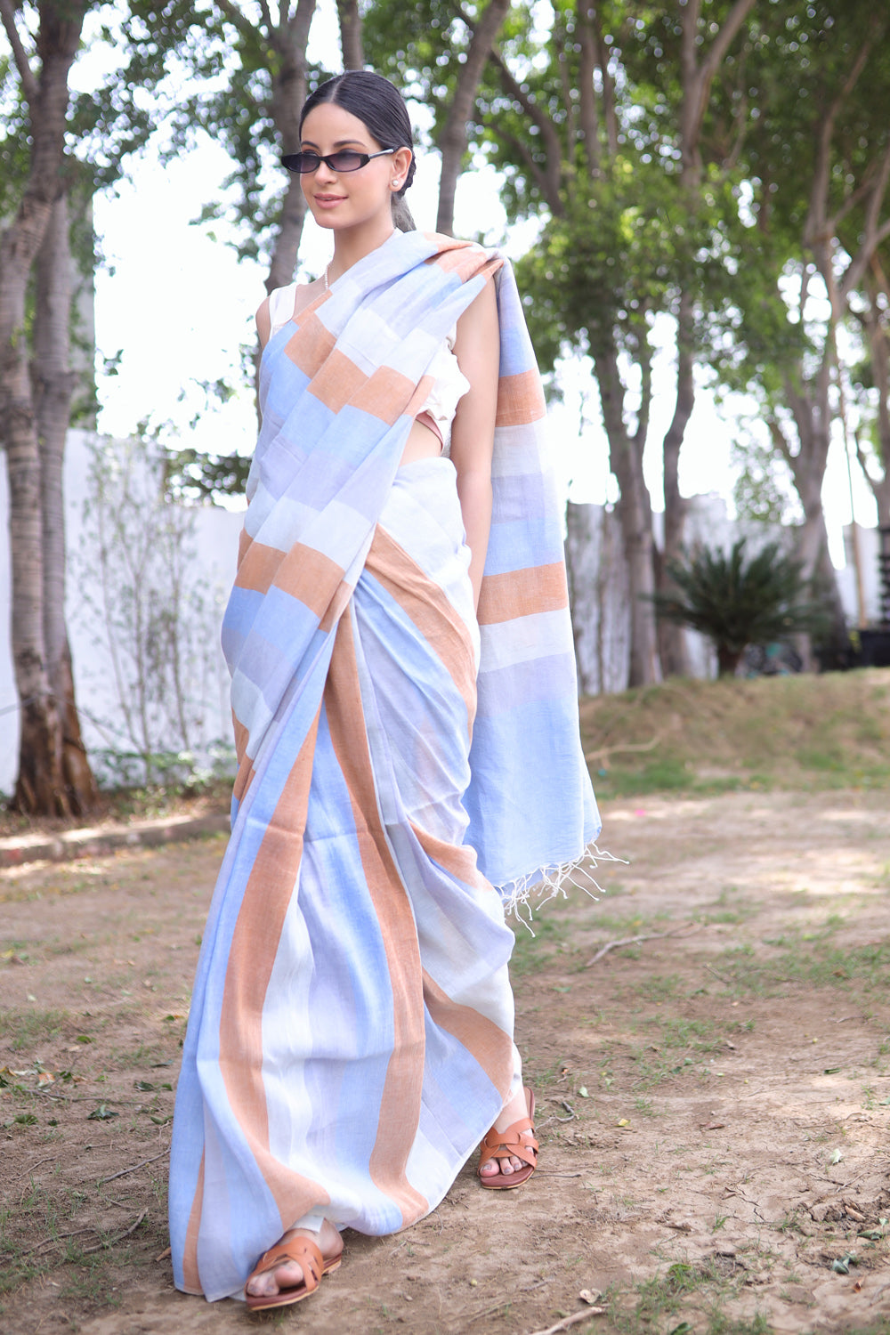 Multicolored Striped Linen Saree