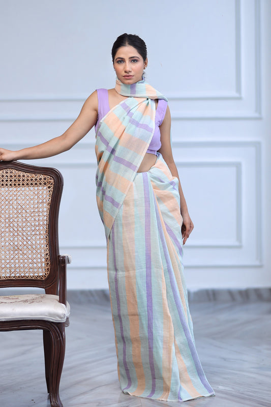 Multicolored Striped Linen Saree