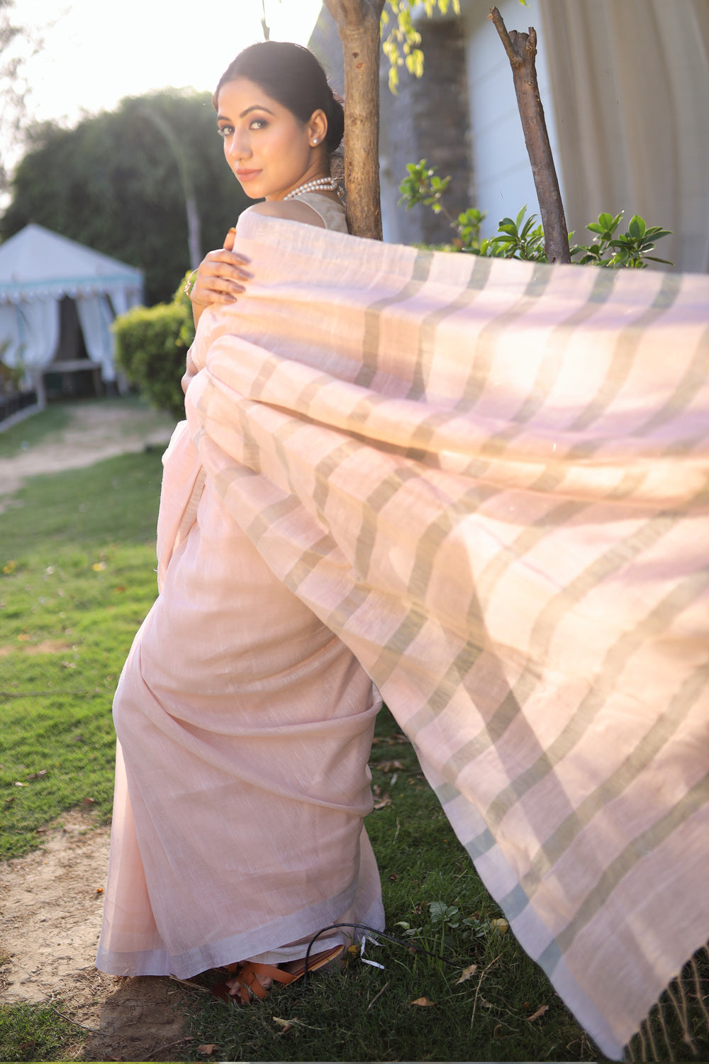 Buy Baby Pink Organic Linen Saree Online | Linen World