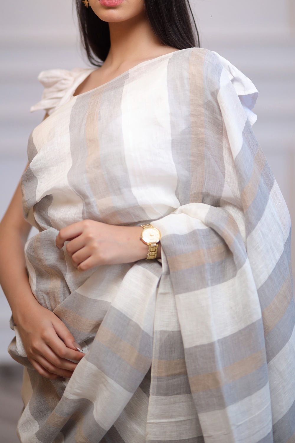 White-Grey Striped Linen Saree