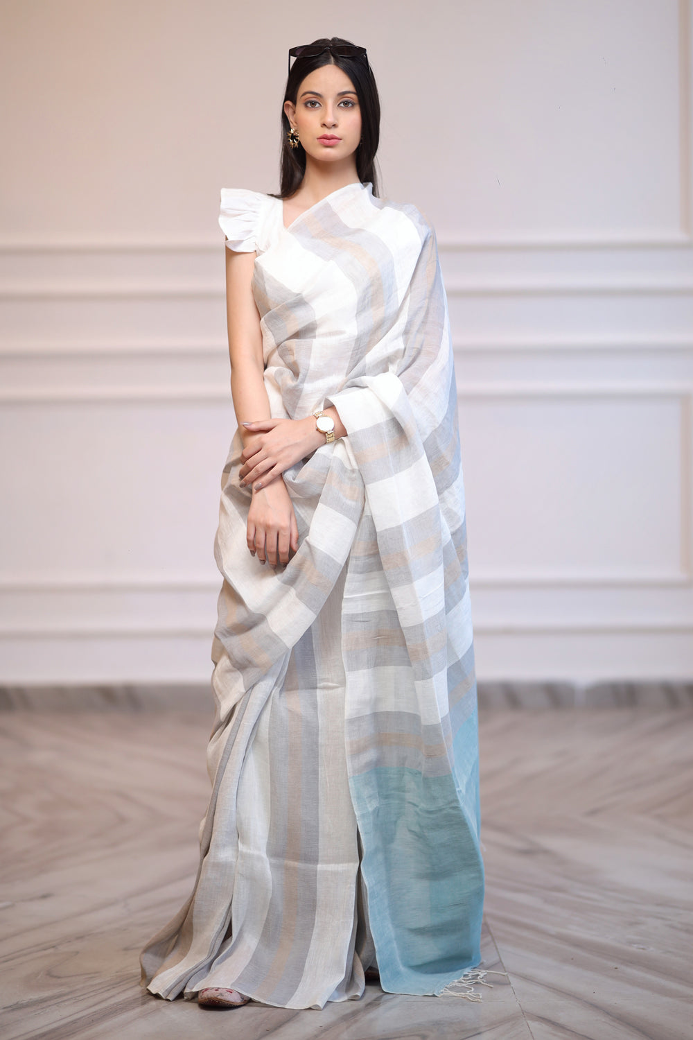 White-Grey Striped Linen Saree
