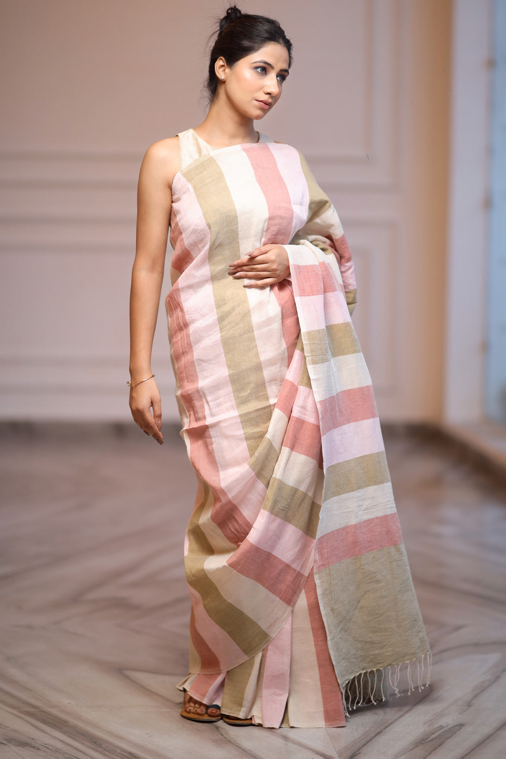 Multicolor Striped Linen Saree