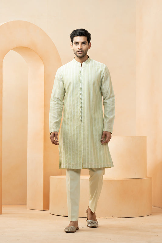 Green Chanderi Pintuck Kurta With Pyjama Pant For Men