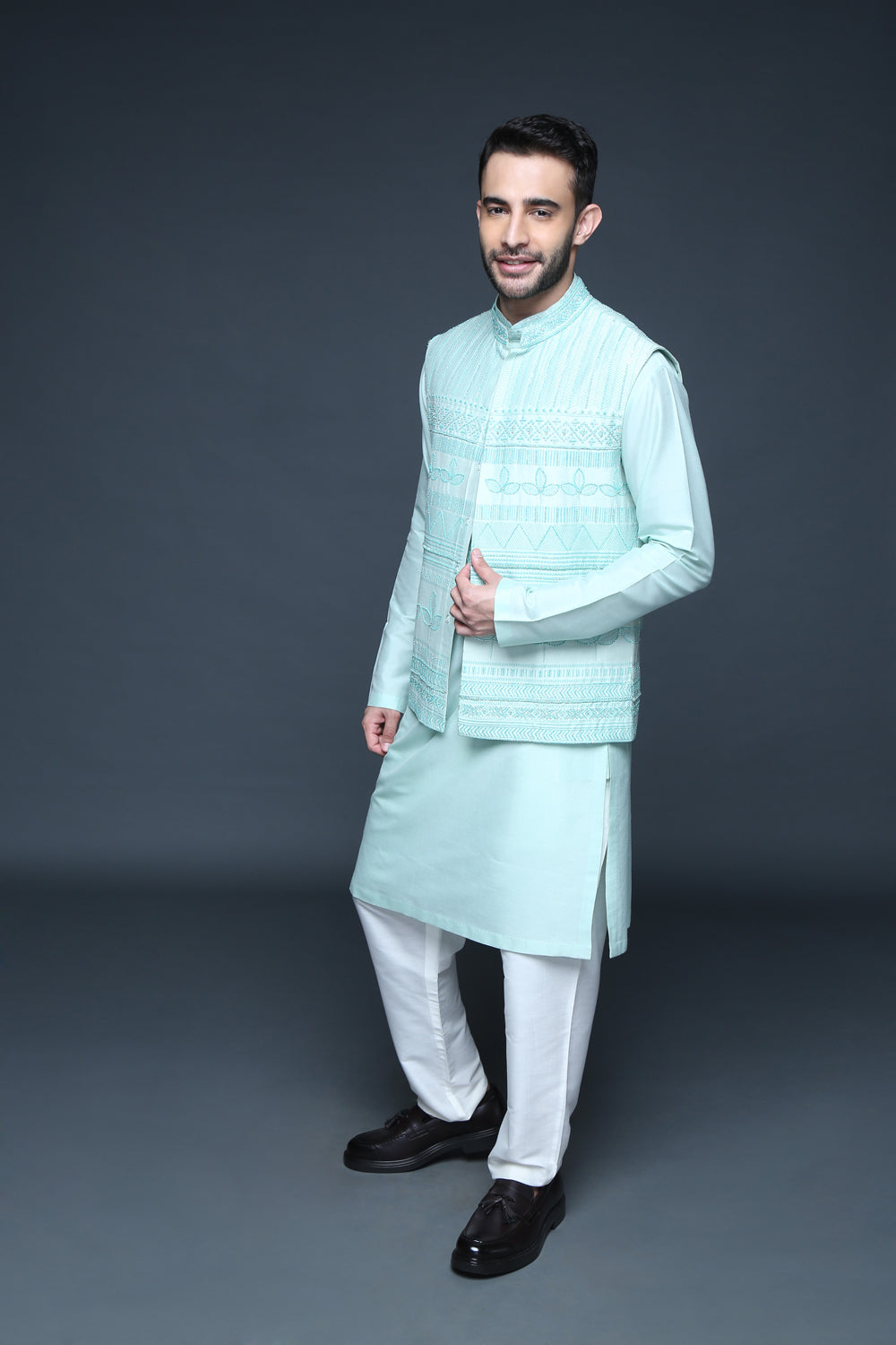 Sea Green Hand Block Printed Embroidered Bundi Kurta Set