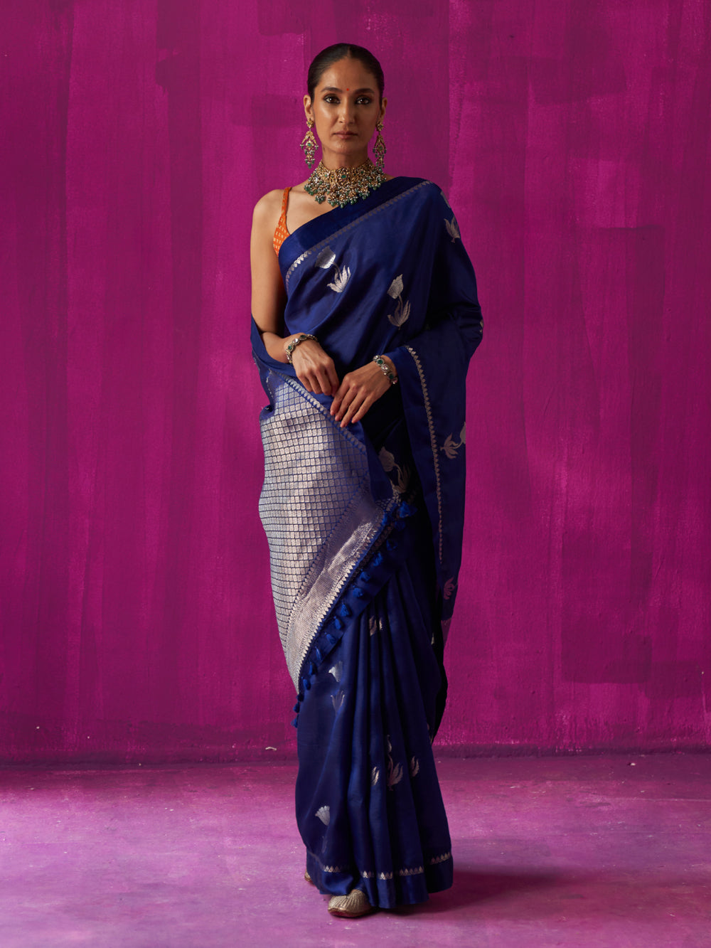 Blue Floral Motif & Jaal Pallu Saree