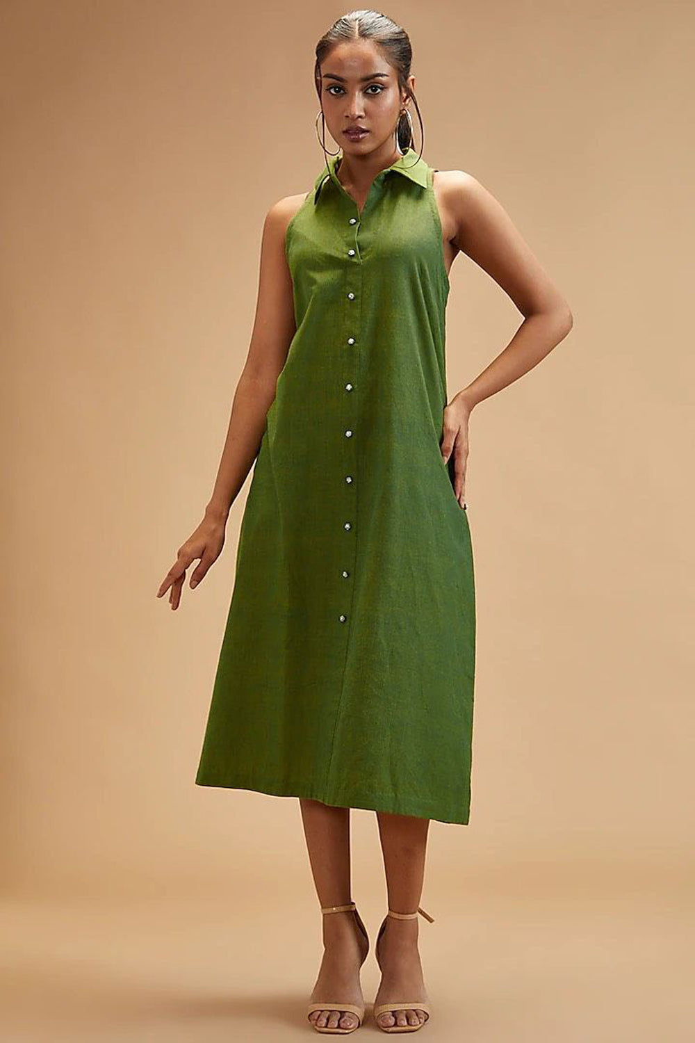 Green Handloom Cotton Plain Collared Neck Dress