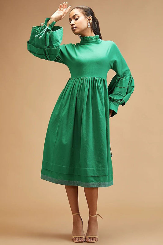 Green Handloom Cotton Solid Ruffle Puff Sleeve Dress