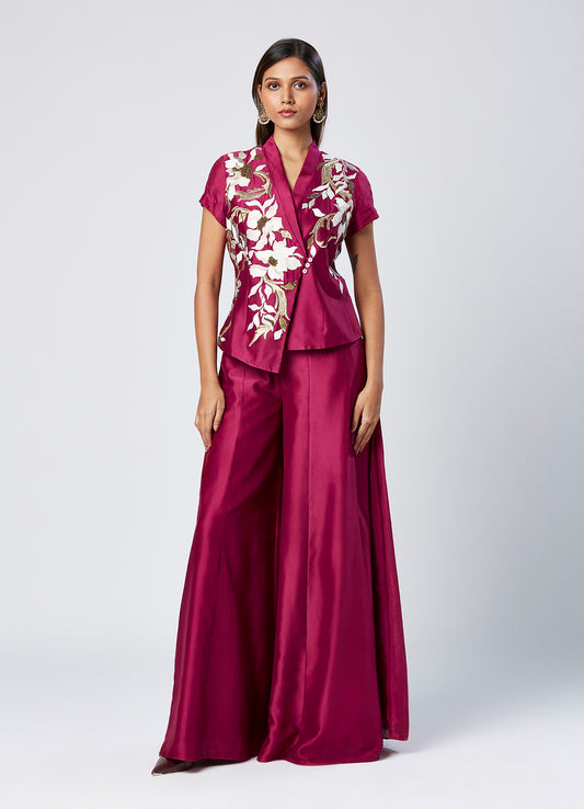 Embroidered Vest And Solid Flared Pant Set