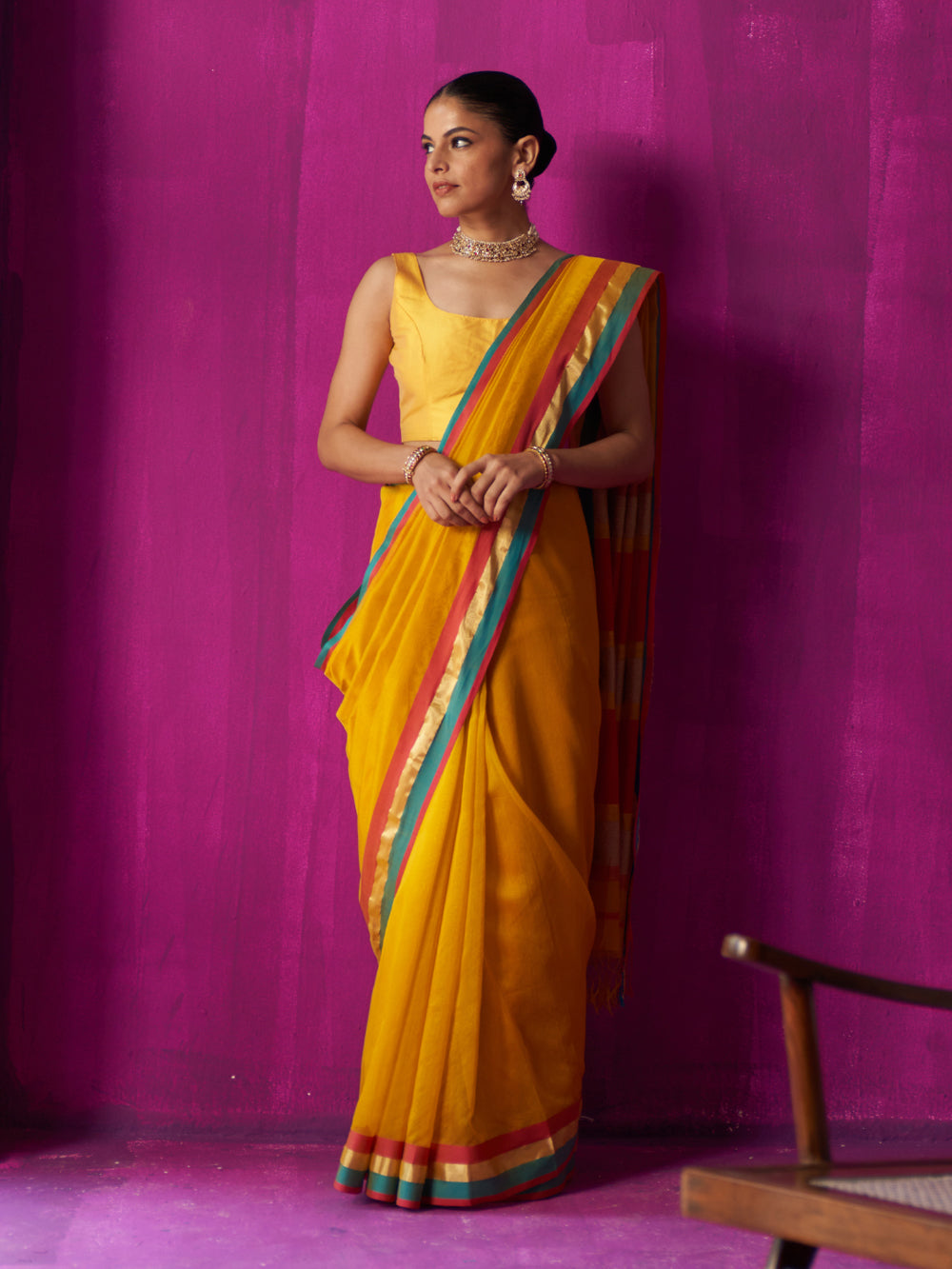 Yellow Contrast Colour Blocking Saree