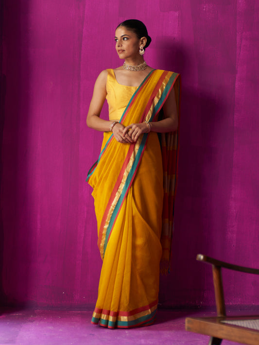 Yellow Contrast Colour Blocking Saree