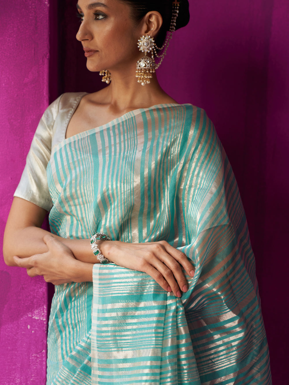 Turquoise Asymetric Silver Zari Stripe Saree