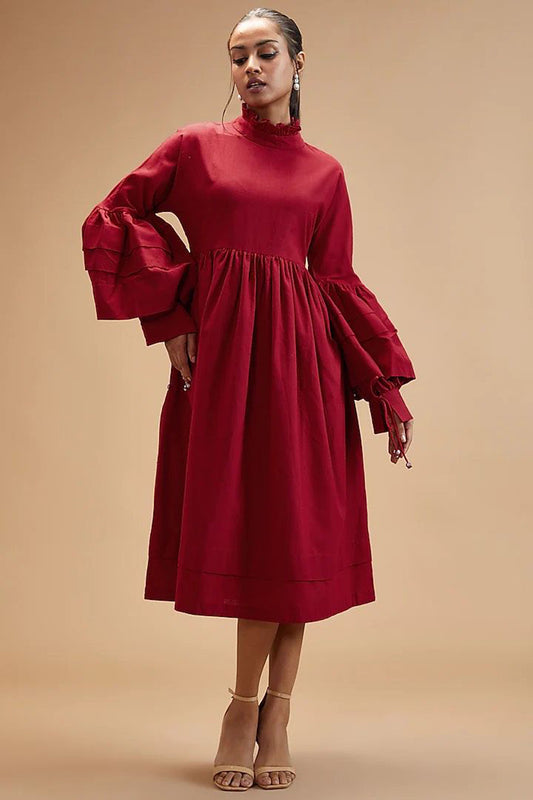 Red Handloom Cotton Ruffled Neck Puffed Sleeve Dress