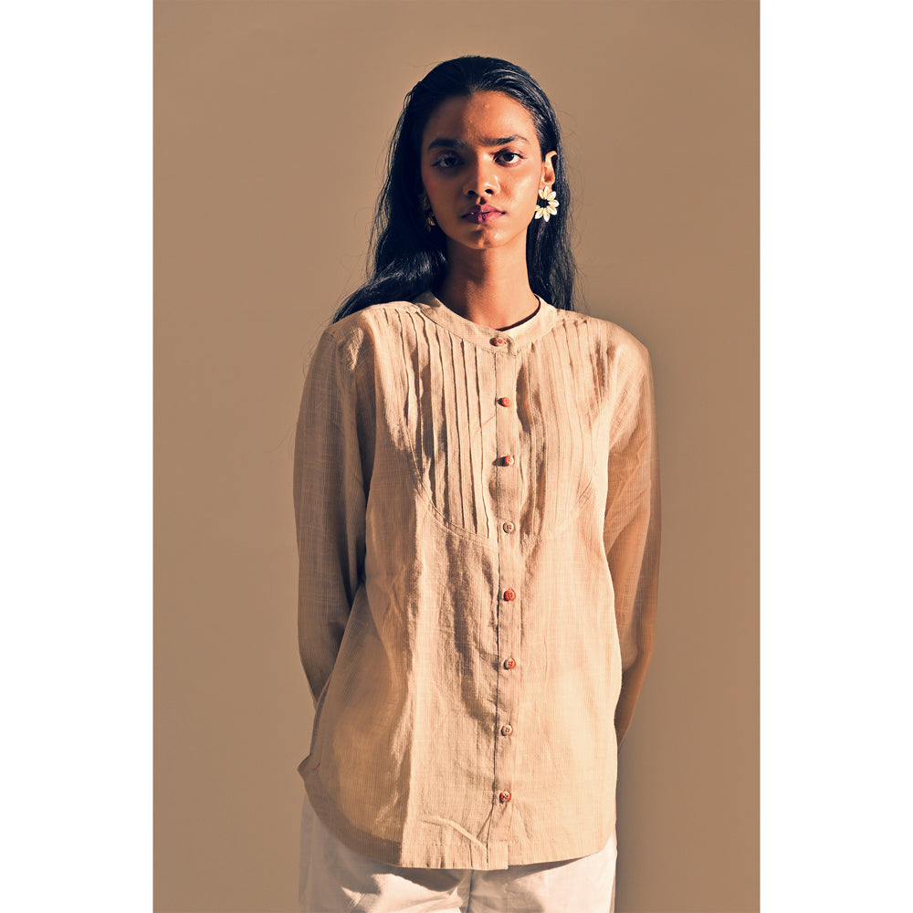 Beige Cotton Pintuck Bodice Shirt