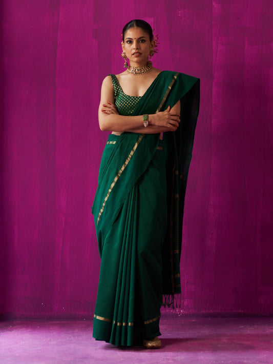 Green Gold Stripes On Pallu Saree