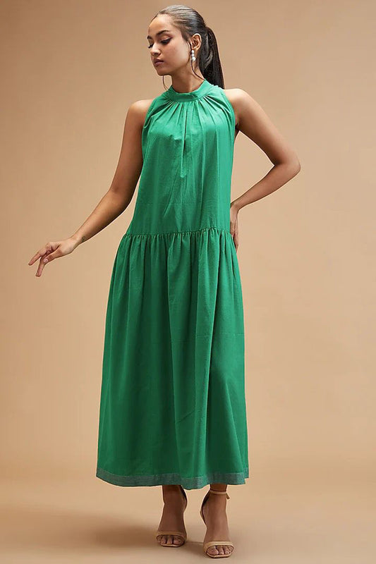 Green Handloom Cotton Plain Halter Neck Dress