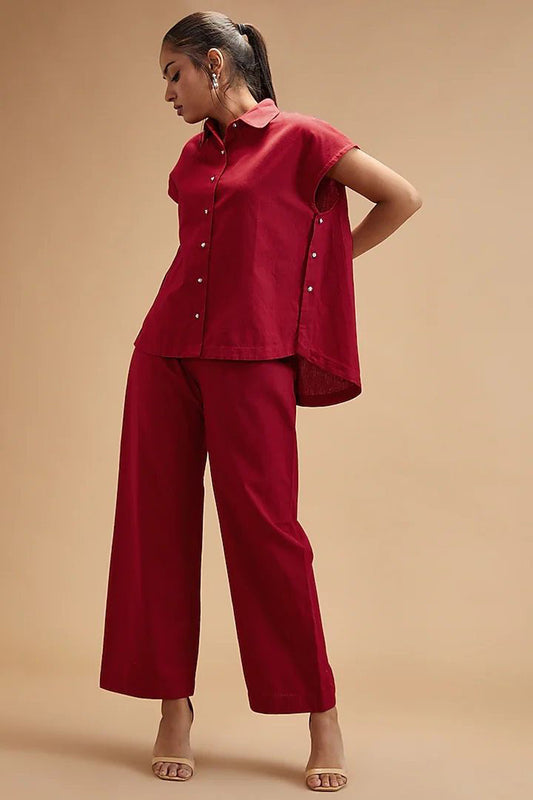 Red Handloom Cotton Solid Flared Pant