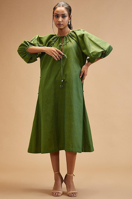 Green Handloom Cotton Solid Round Front Tie Dress