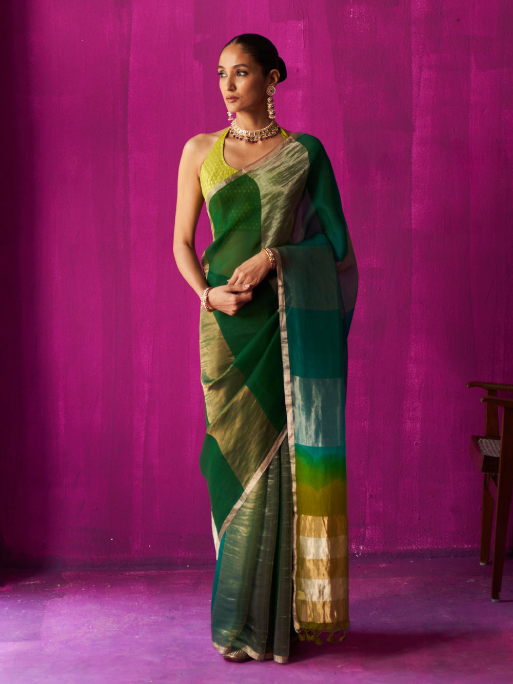 Green Gold Broad Border Silver Stripes Saree