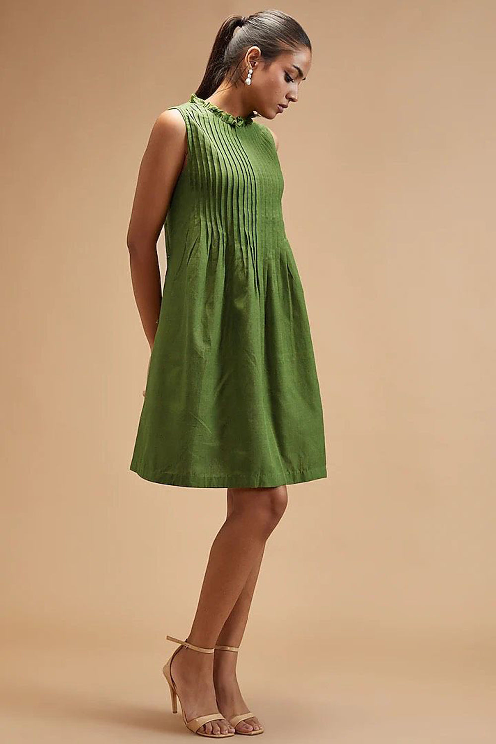 Green Handloom Cotton Plain Ruffled Neck Sleeveless Dress For Women