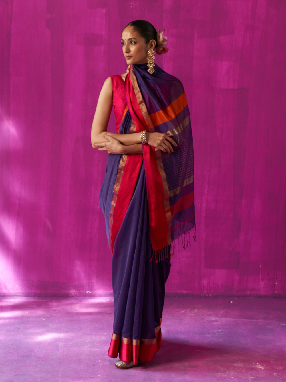 Purple Orange Resham Border Gold Stripes On Pallu Saree