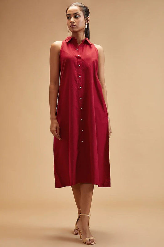 Red Handloom Cotton Plain Collared Neck Dress
