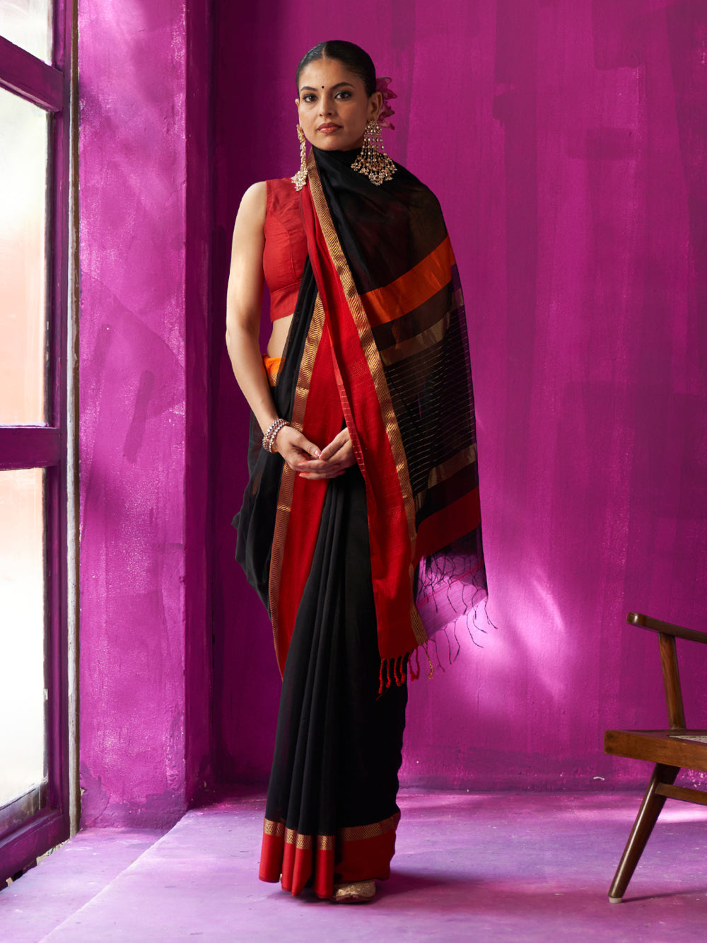 Black Gold Resham Border Gold Stripes On Pallu Saree