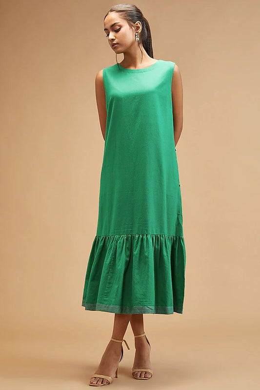 Green Handloom Cotton Solid Round Frilled Hem Dress