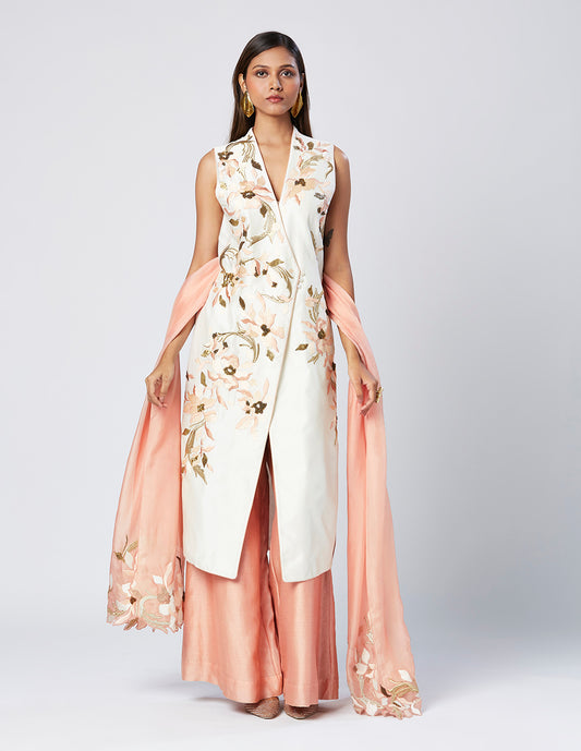 Embroidered Jacket Tunic Stole And Pant Set