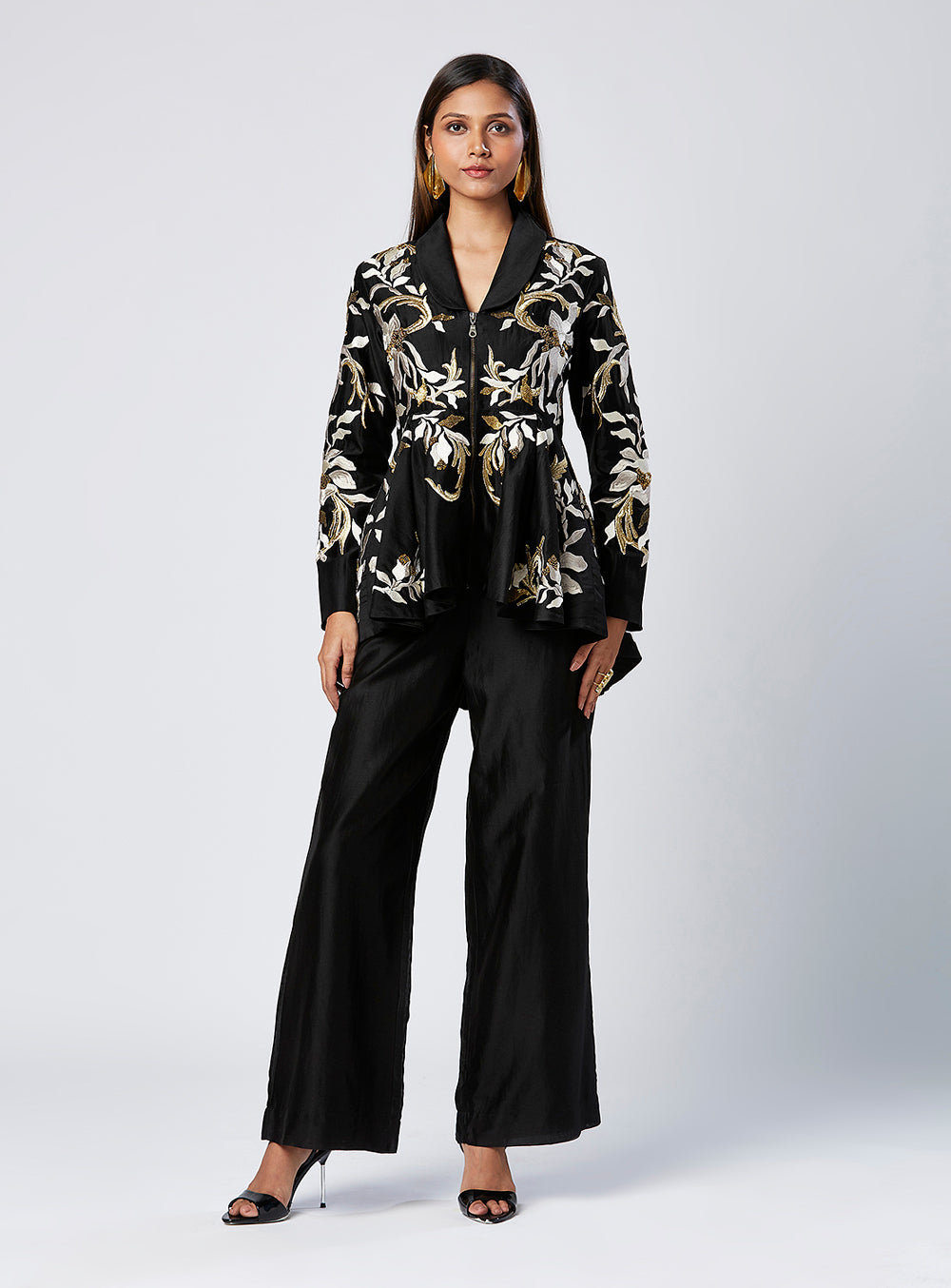 Embroidered Peplum Top And Pant Set